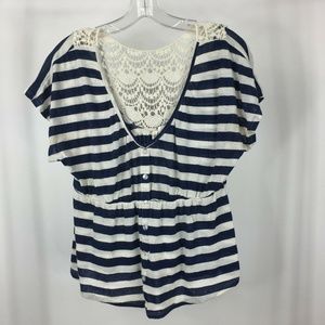 Red Camel Lace Back Size L Top Blue White Strip